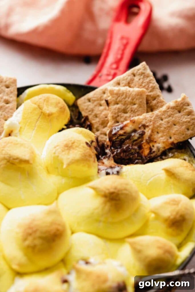 Dipping graham crackers into peeps s'mores dip