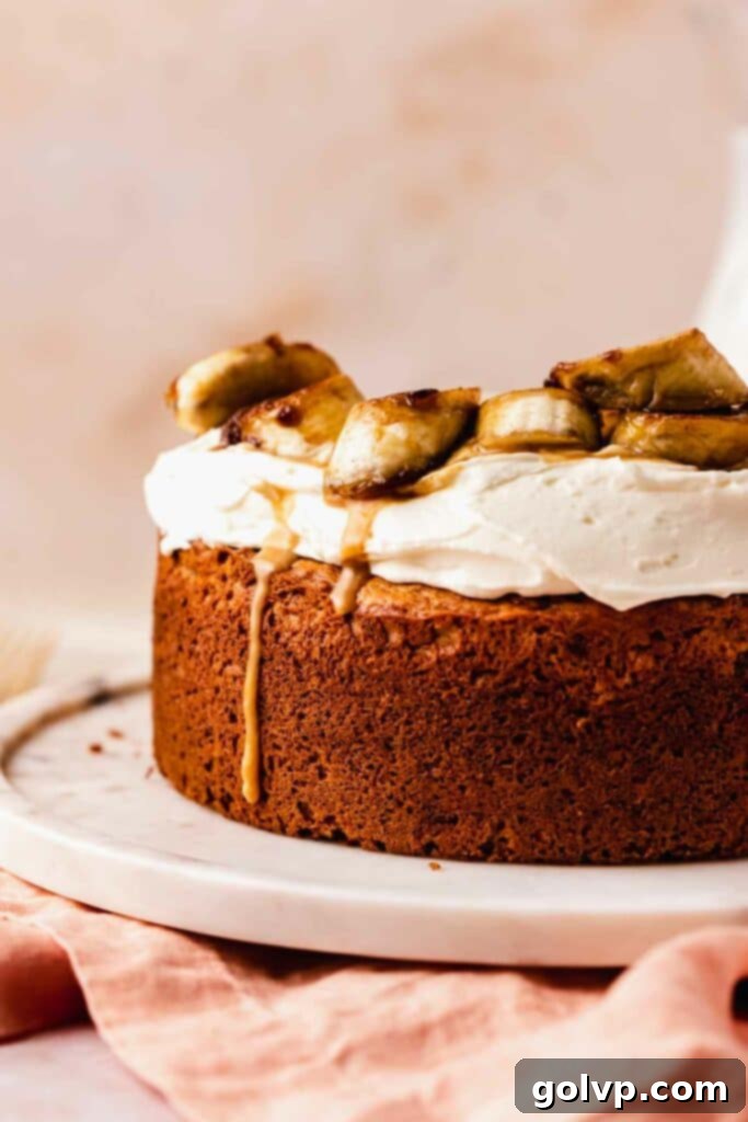 Banana cake beautifully adorned with elegant toffee sauce drips and a dollop of whipped cream