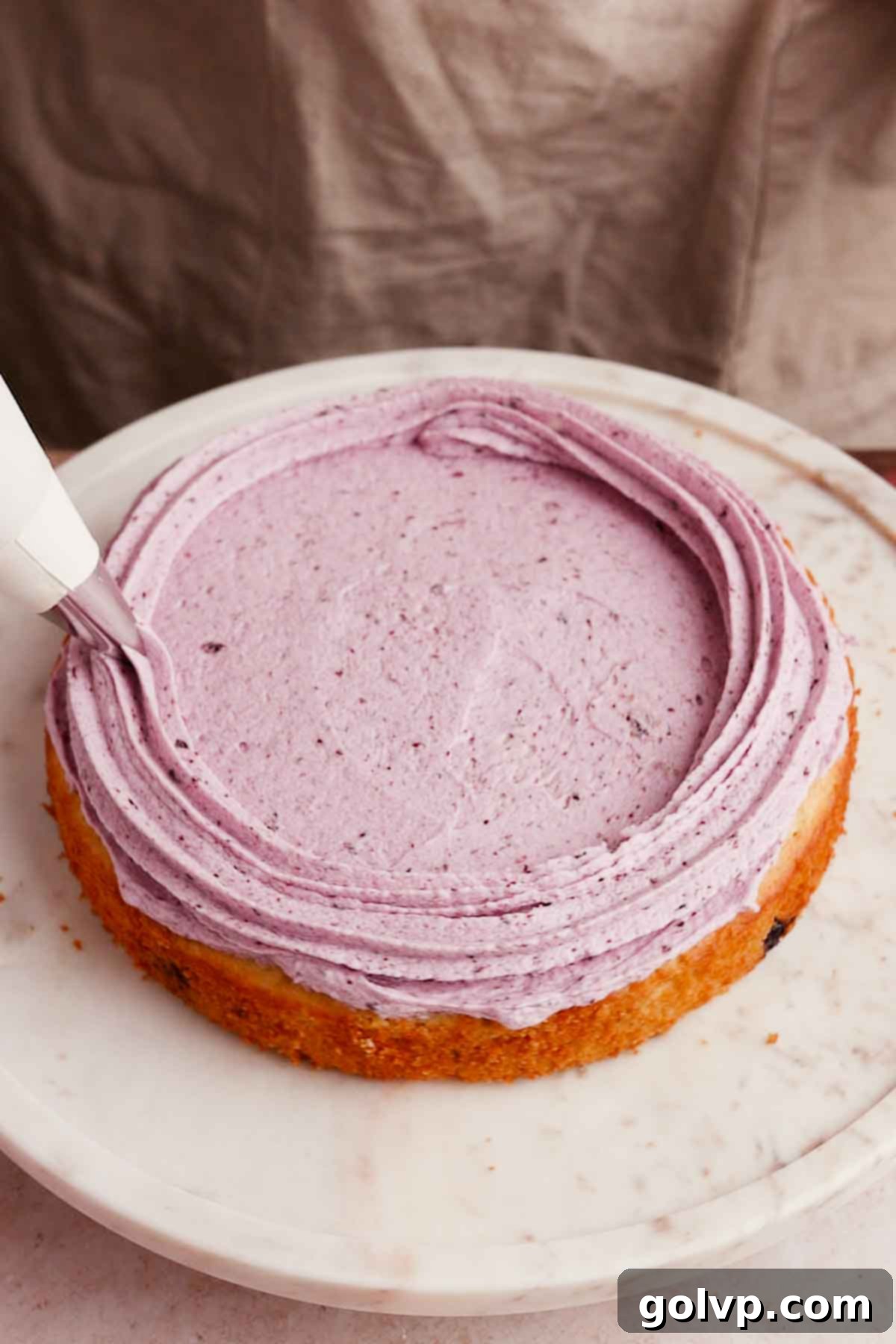 piping blueberry cream cheese frosting on bottom cake layer to create a border