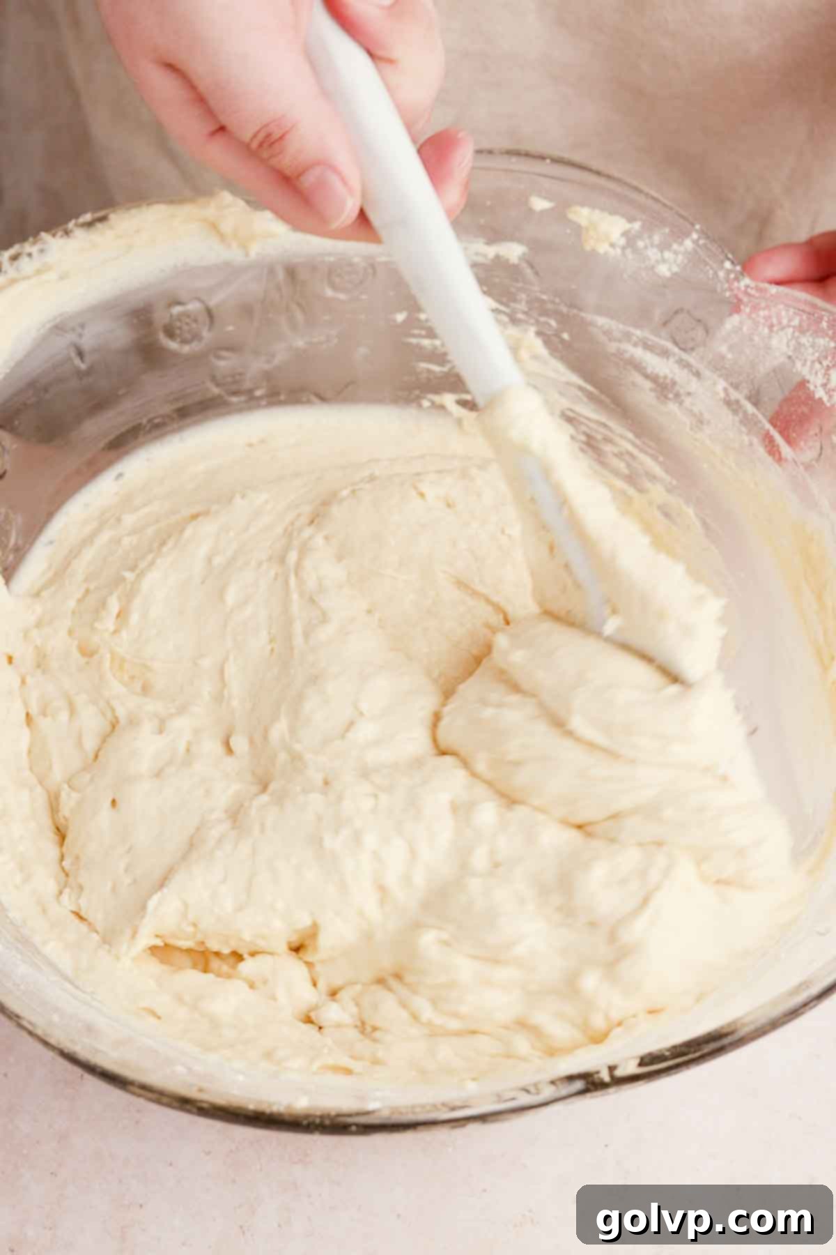 folding blueberry cake batter with rubber spatula