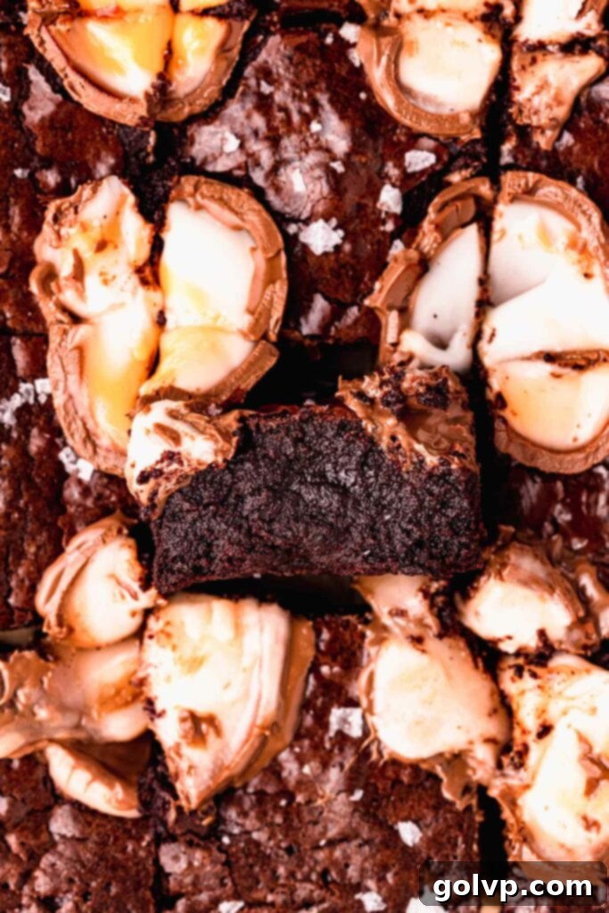 Close-up of fudgy brownies topped with melted Cadbury Creme Eggs and a crinkly top