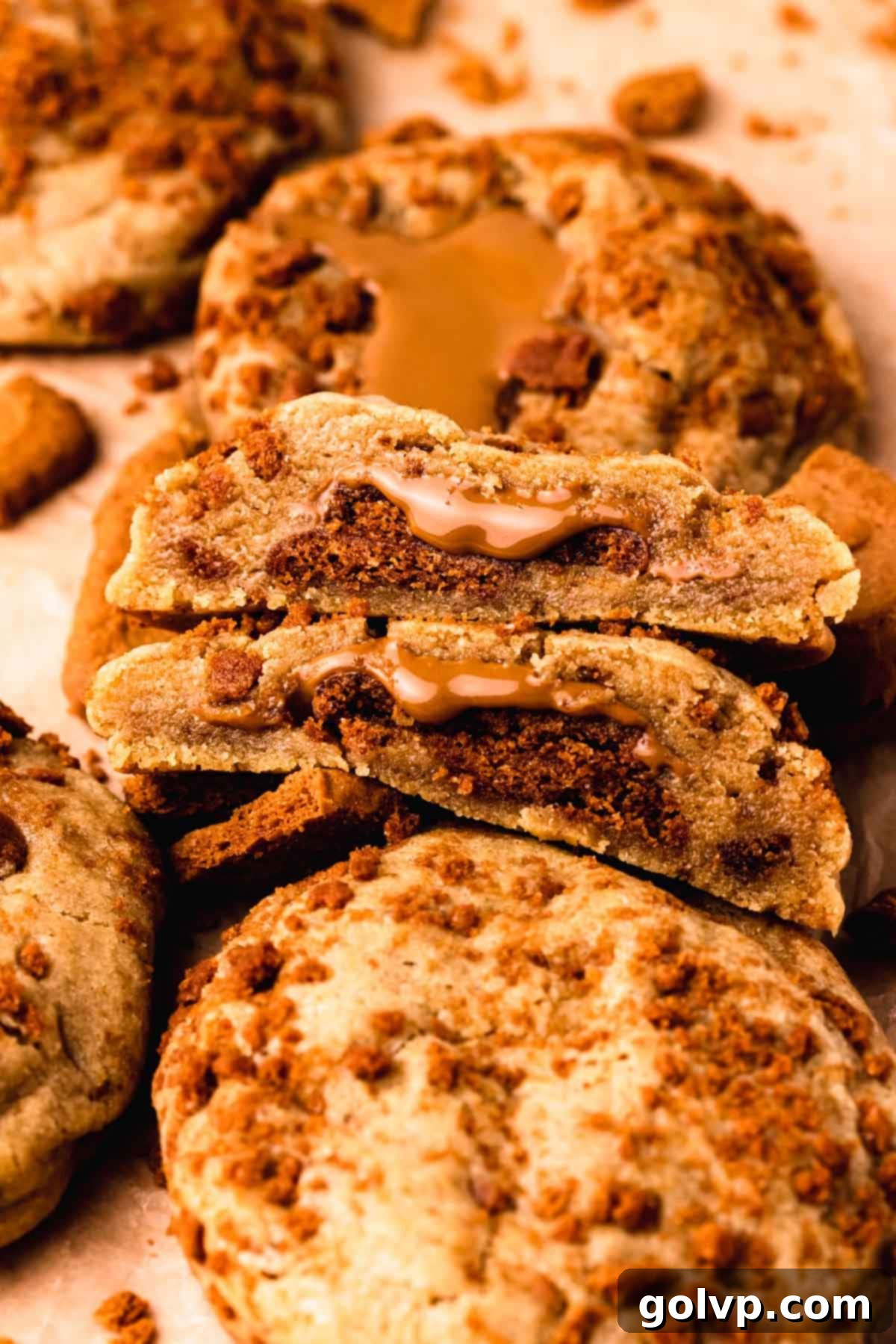 A close-up of a Biscoff stuffed cookie, perfectly cut in half to showcase its incredible, soft texture and the generous, molten Biscoff cookie butter filling with visible biscuit pieces.