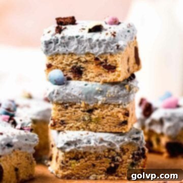 Speckled Egg Blondie Squares 6 stack of mini egg cookie bars with cream cheese frosting