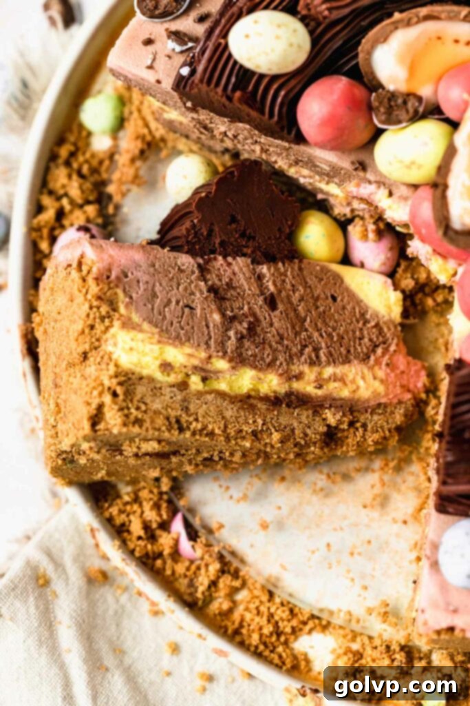 Cheesecake with swirls of chocolate and colourful filling, topped with a chocolate nest and mini eggs