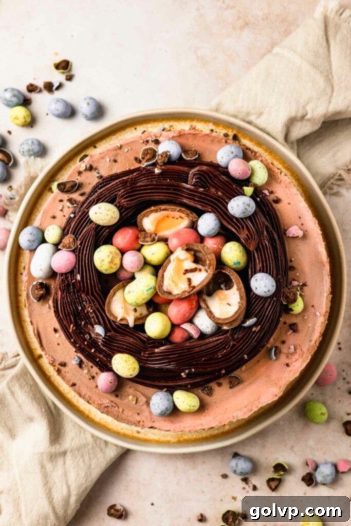 Cheesecake with chocolate nest and mini eggs on top, showcasing the perfect Easter dessert.