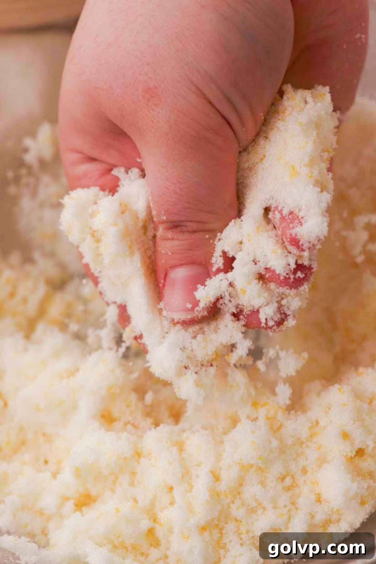 Rubbing fresh lemon zest into granulated sugar with fingers, turning the sugar yellow and fragrant