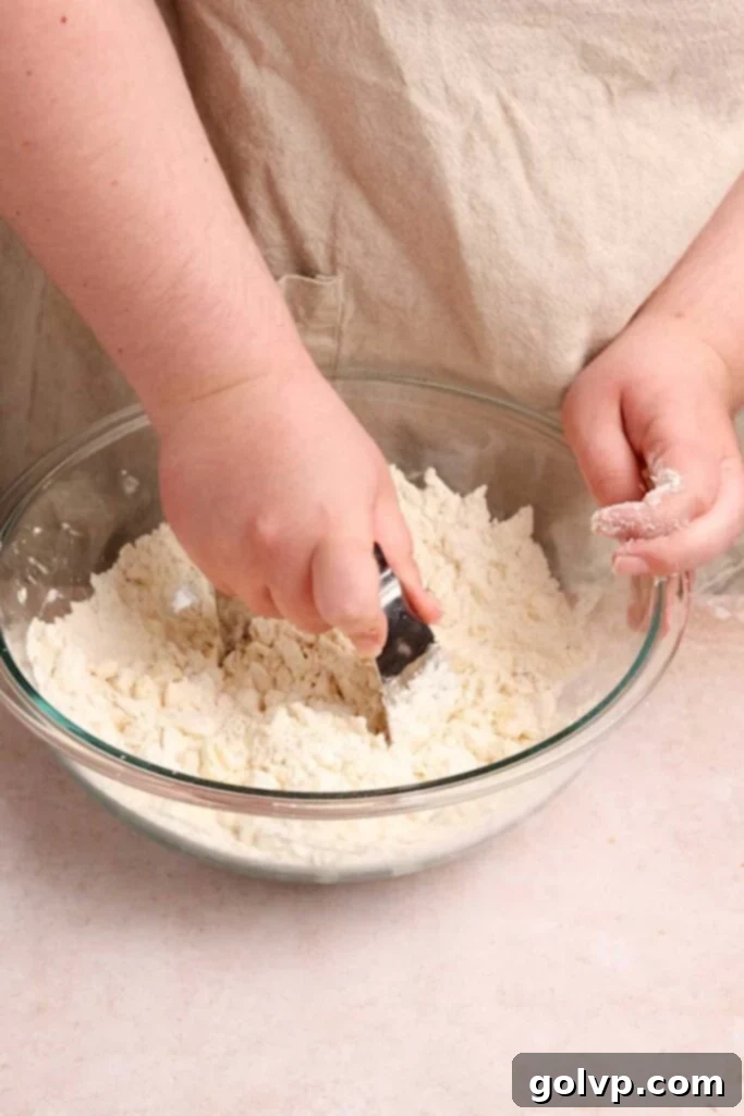 Hand cutting cold butter into flour mixture with a pastry cutter for pop tart dough