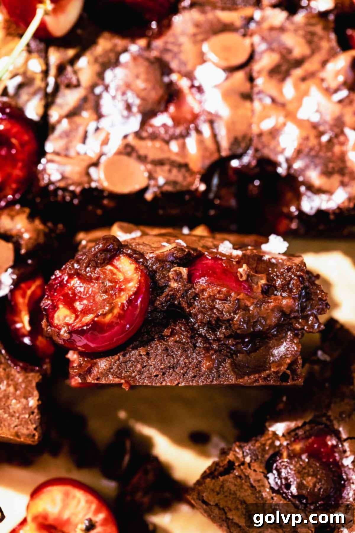 Decadent Cherry Brownies 2 Fudgy cherry brownie square with fresh cherry halves on top and inside