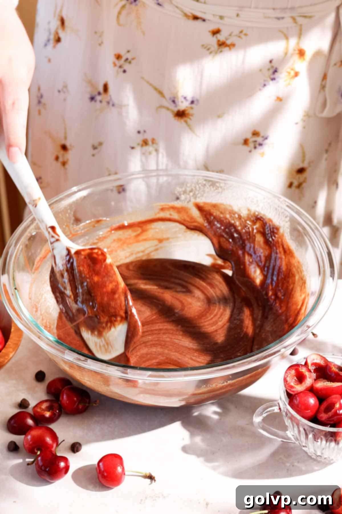 Decadent Cherry Brownies 5 gently folding eggs, sugar, and melted chocolate and butter together