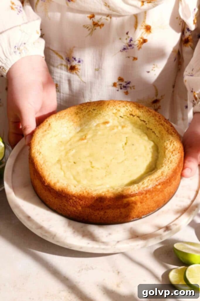 Freshly baked lime cake, with a golden edge and puffed center, cooling in the pan.