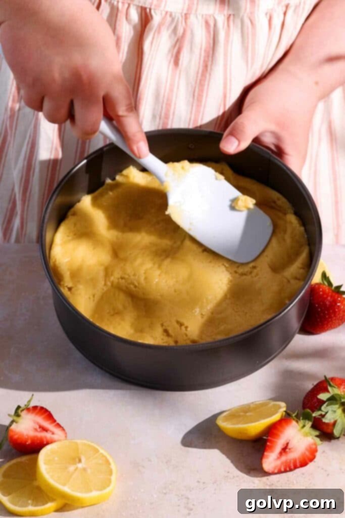 Spreading cake batter evenly into the bottom of a prepared springform pan.