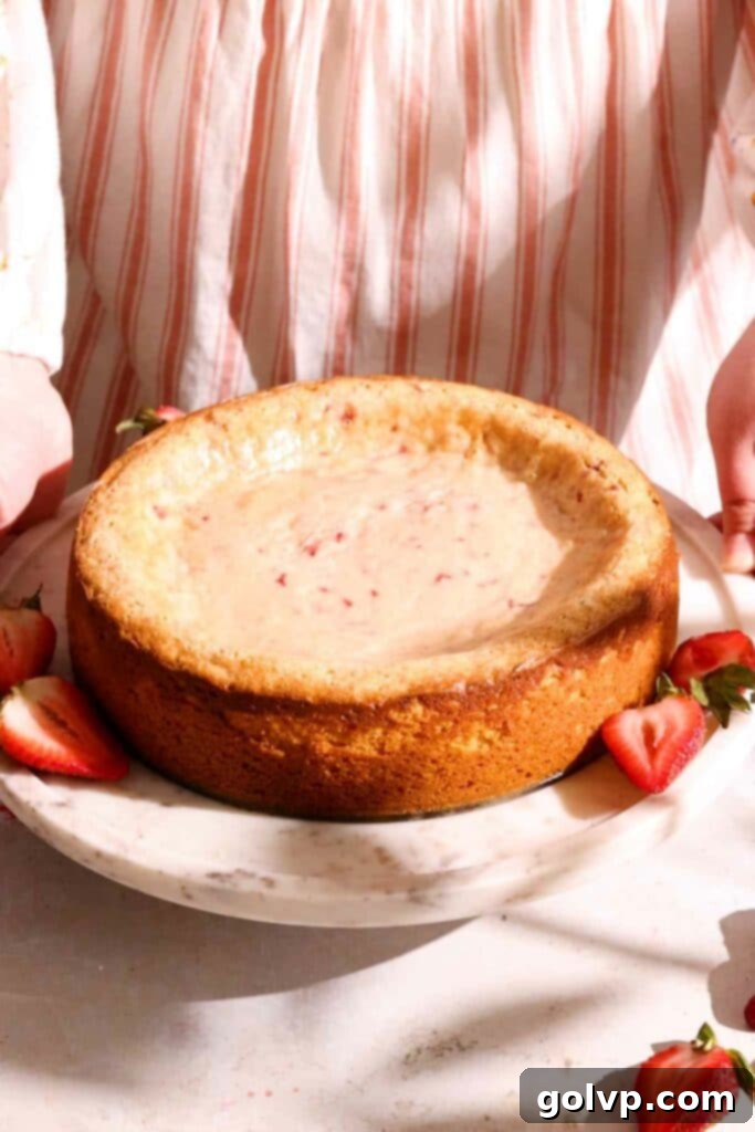 Freshly baked strawberry butter cake, golden around the edges with a puffed, jiggly center.
