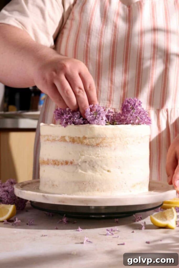 Decorating the top of a lemon lilac cake with fresh lilac blossoms