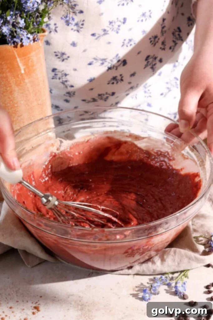 red velvet muffin batter in a bowl