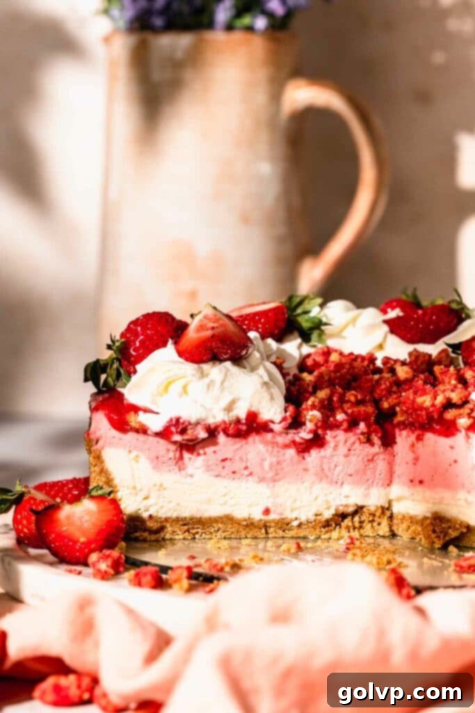 sliced strawberry cheesecake topped with strawberry crunch and whipped cream