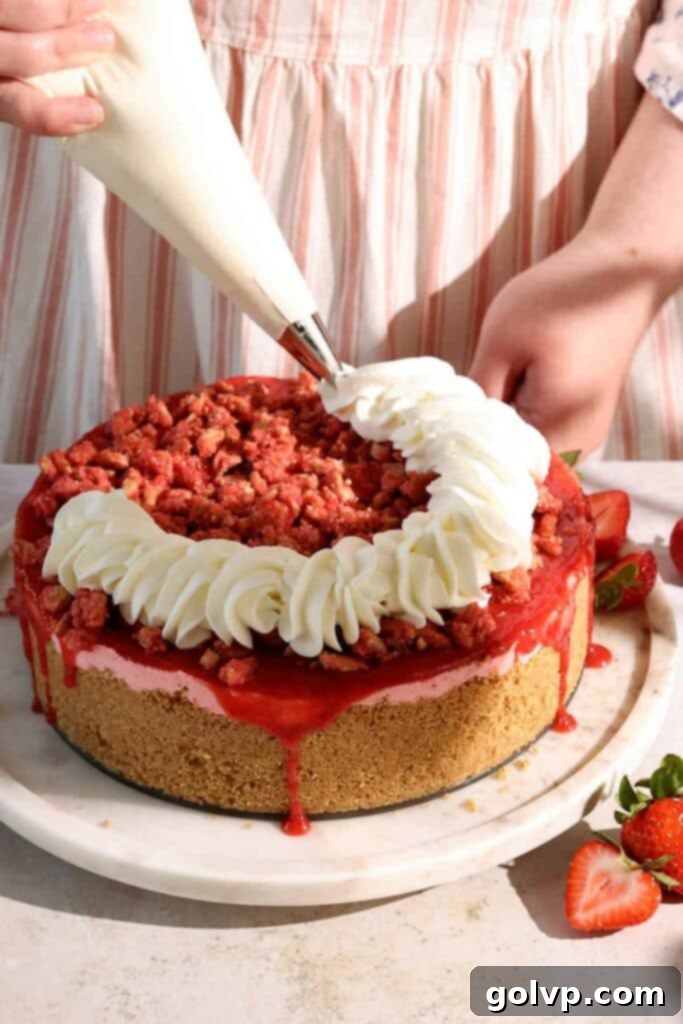 piping whipped cream on top of cheesecake