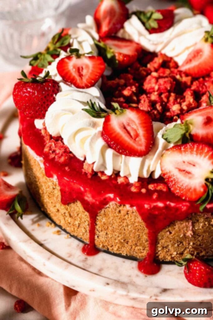 strawberry cheesecake with drip, whipped cream, and strawberries