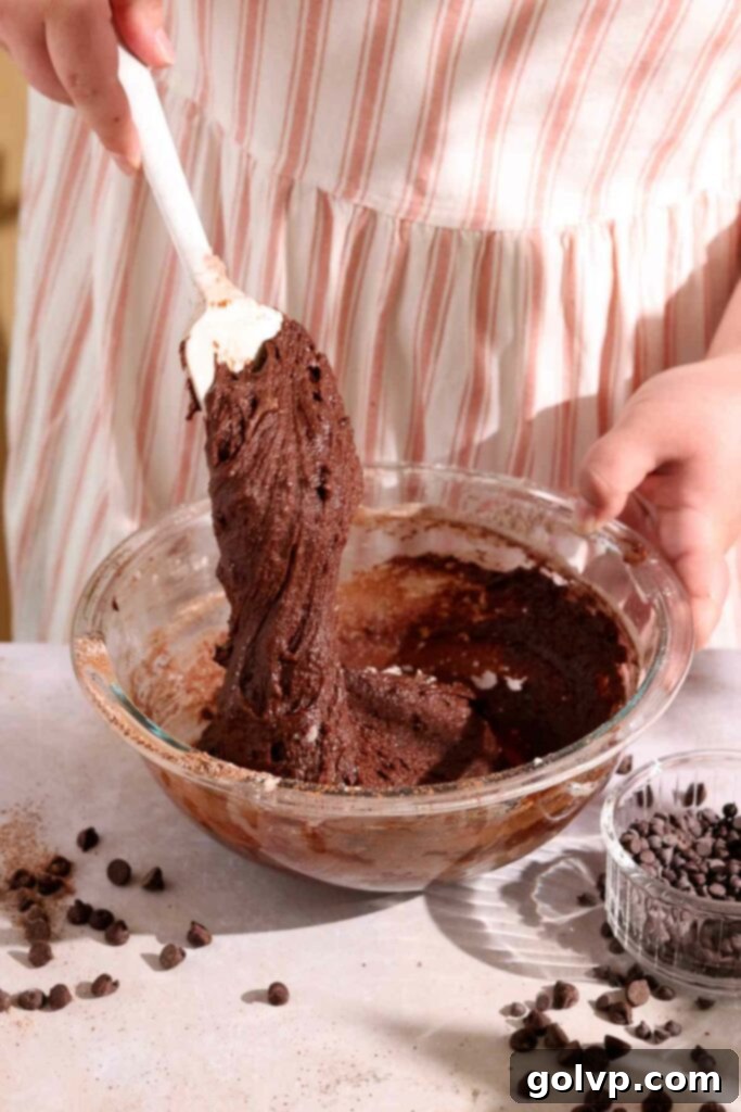 Mixing the chocolate cake batter together until smooth and thick.