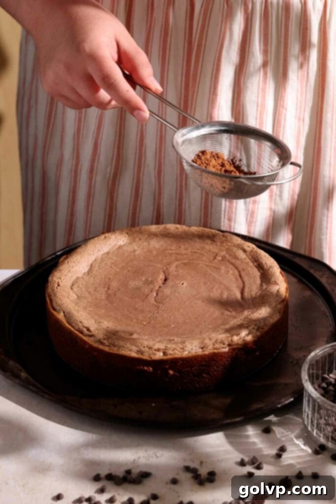 Sprinkling the top of the baked chocolate gooey butter cake with a final dusting of cocoa powder.
