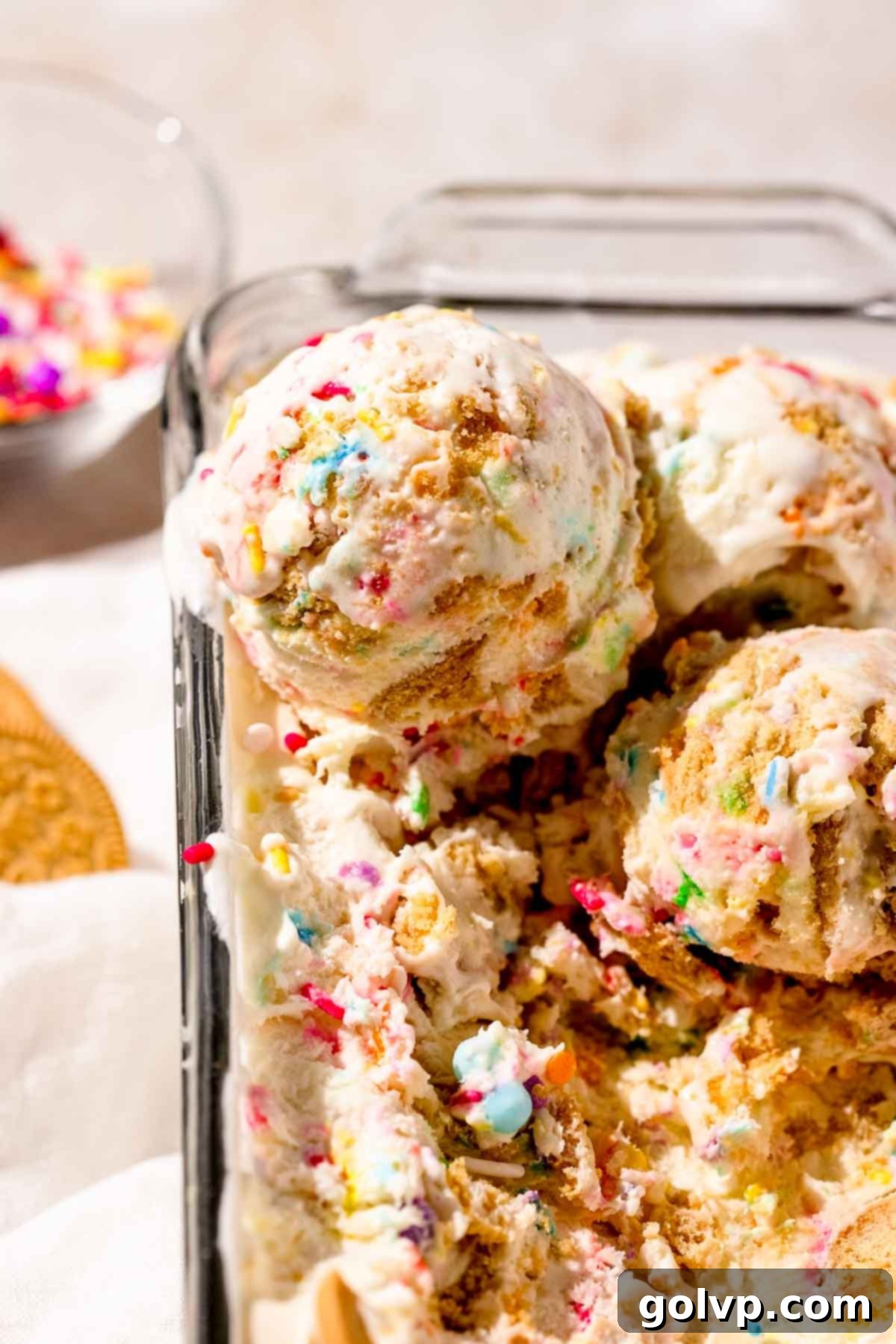 Joyful Confetti Cream 2 Scoop of birthday cake ice cream in loaf tin with lots of sprinkles, ready to be served