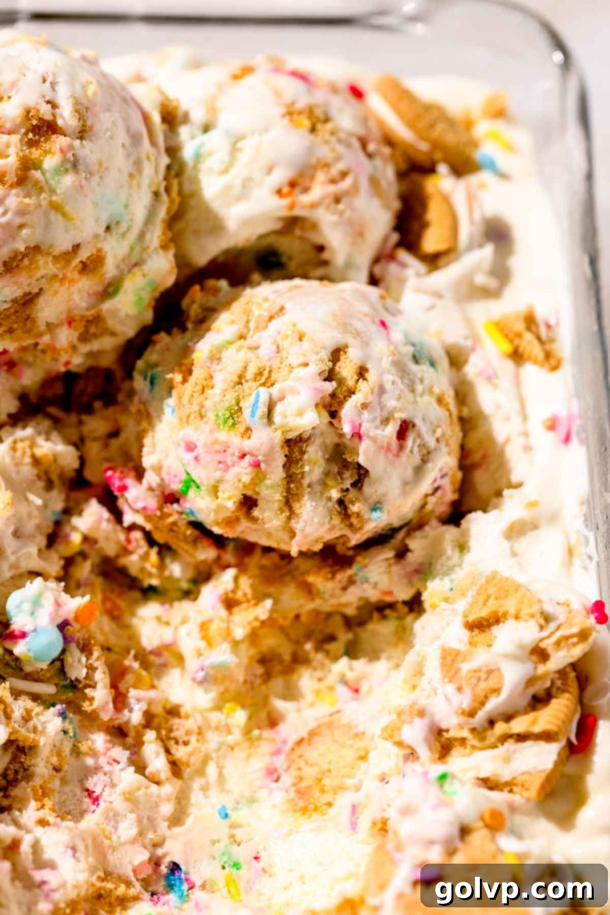 Joyful Confetti Cream 6 Scoop of ice cream with sprinkles in glass loaf tin, showcasing creamy texture