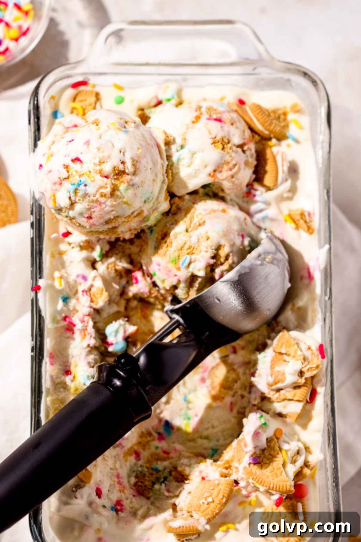 Joyful Confetti Cream 7 Ice cream with sprinkles scooped in loaf tin, ready to be served
