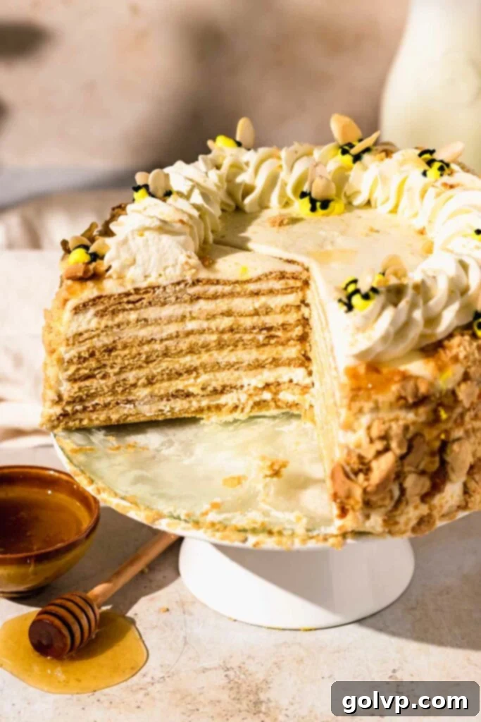 Medovik Honey Cake 2 honey cake with lots of layers and piped bees on top