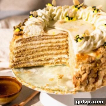 Medovik Honey Cake 17 honey cake with lots of layers and piped bees on top