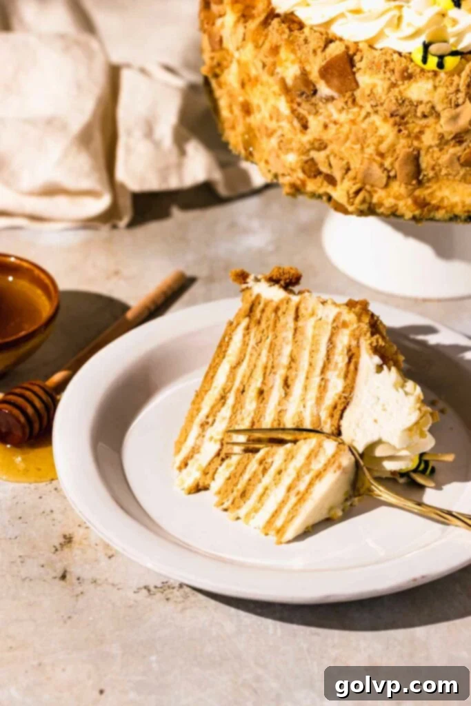 Medovik Honey Cake 4 slice of honey cake withy fork