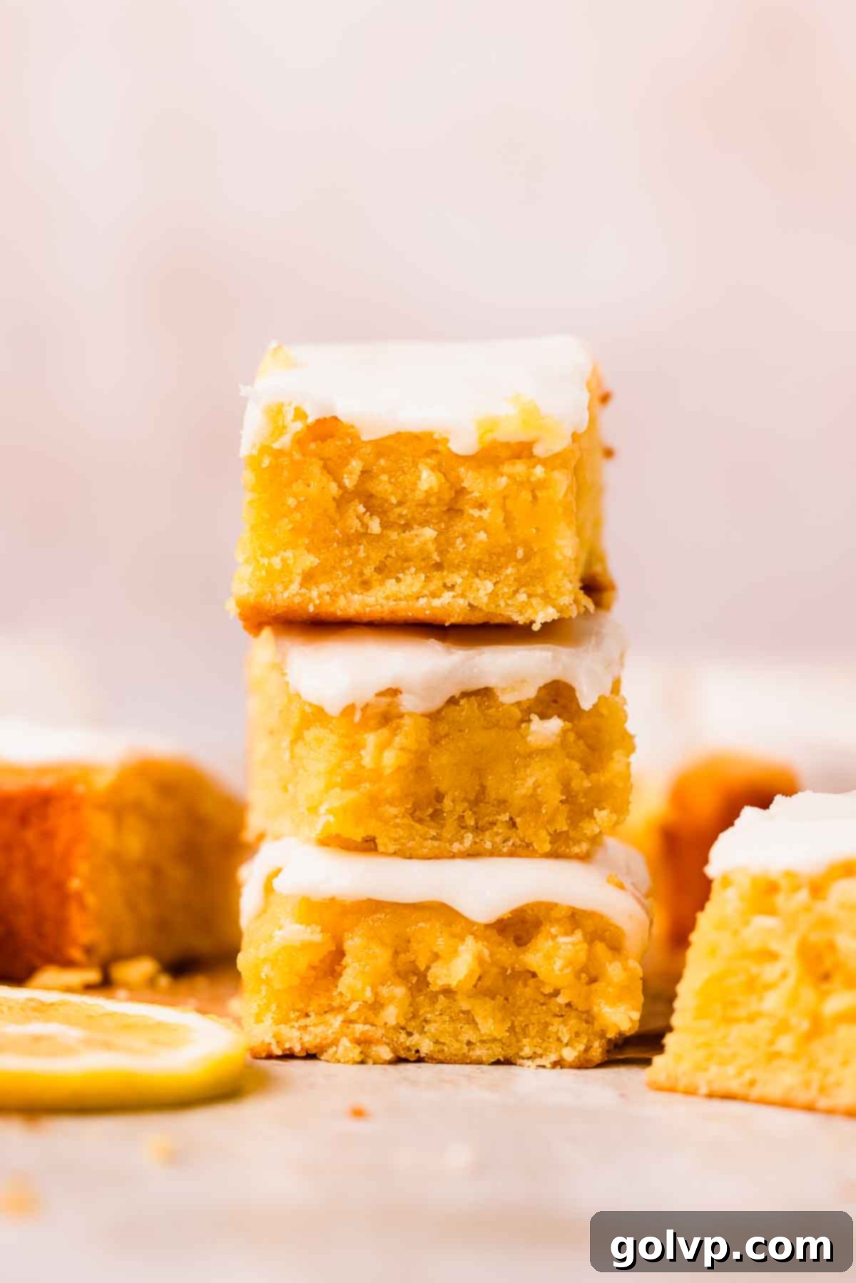 stack of three fudgy lemon brownies