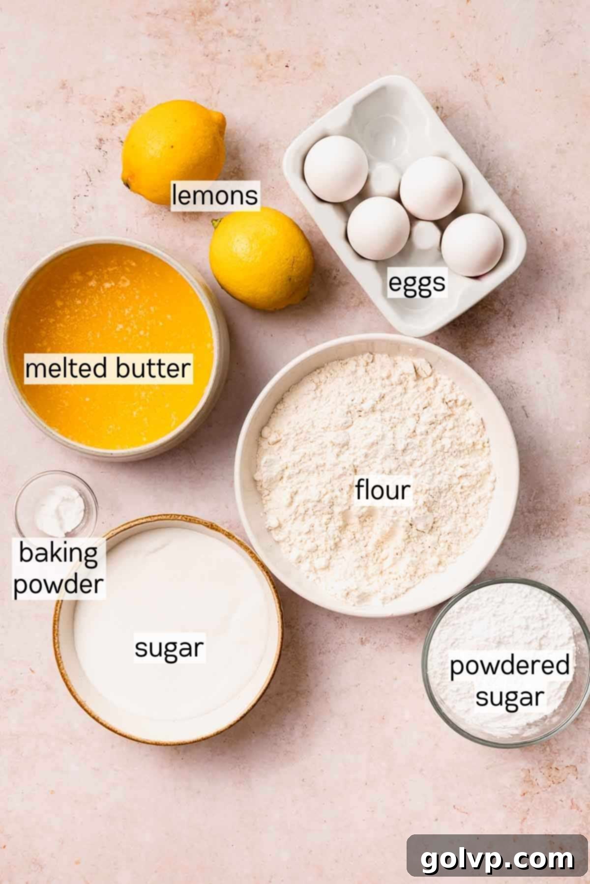 ingredients for lemon brownies in bowls