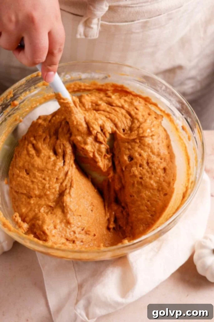 A spatula gently stirs pumpkin cake batter in a bowl, illustrating the careful folding technique to avoid overmixing after flour addition.