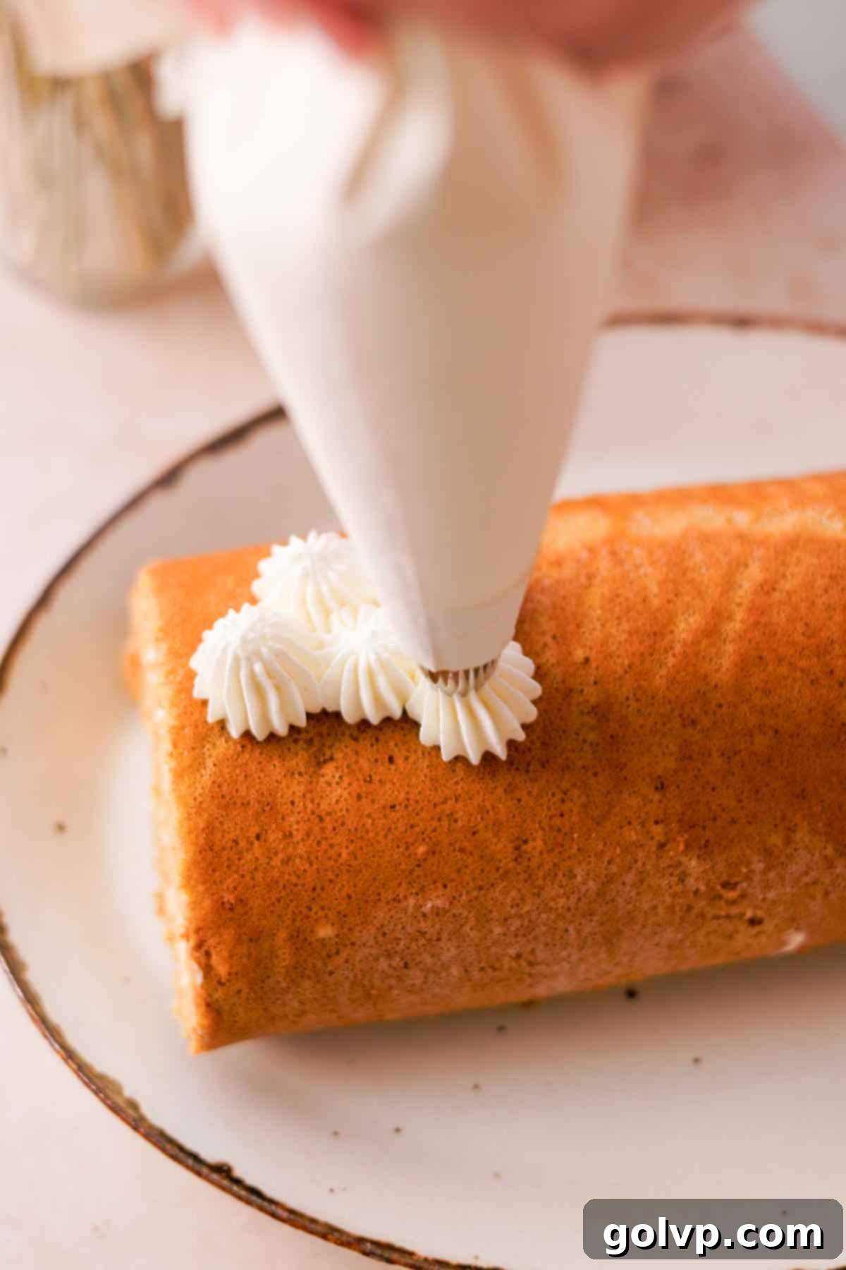 A piping bag with an open star tip adding decorative dollops of spiced whipped cream onto the chilled pumpkin roll.