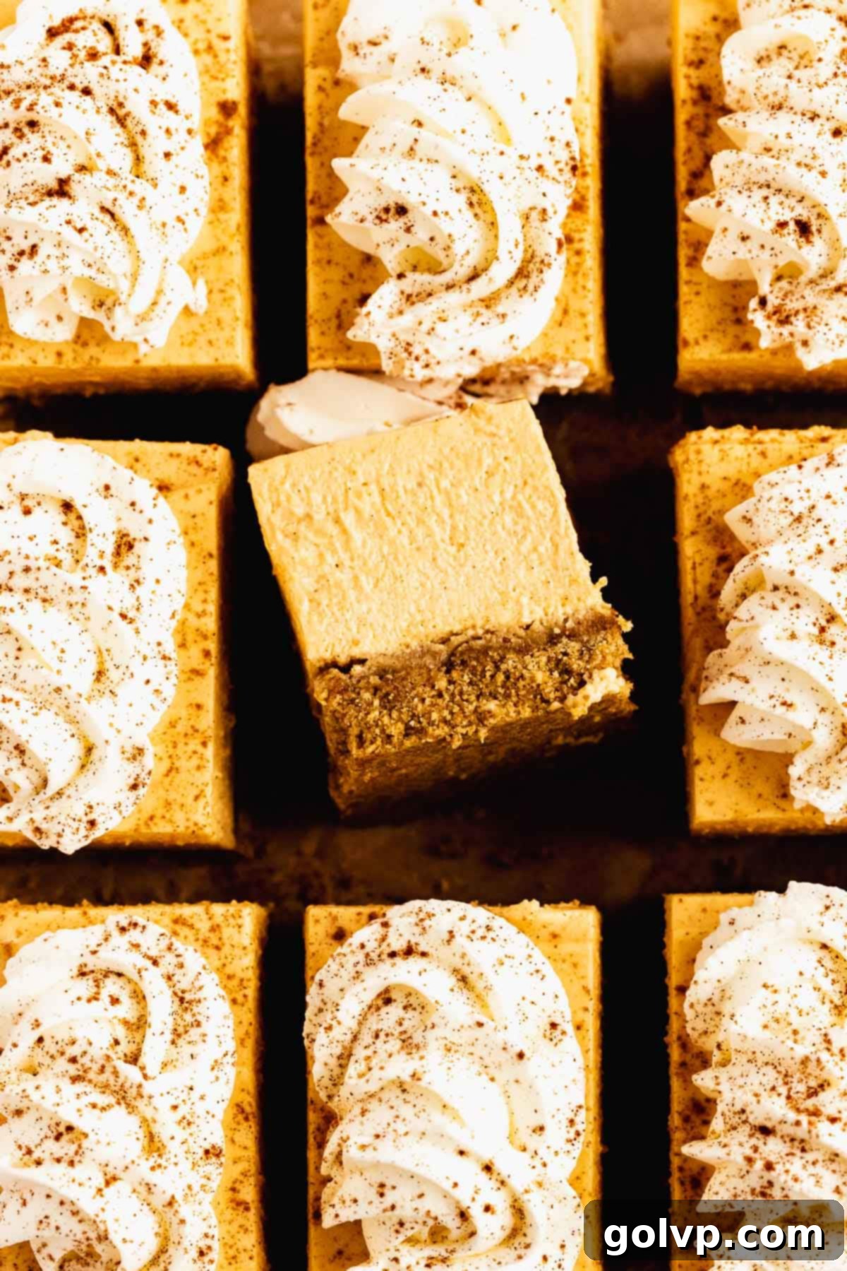 Pumpkin cheesecake bars from the top with slice turned over