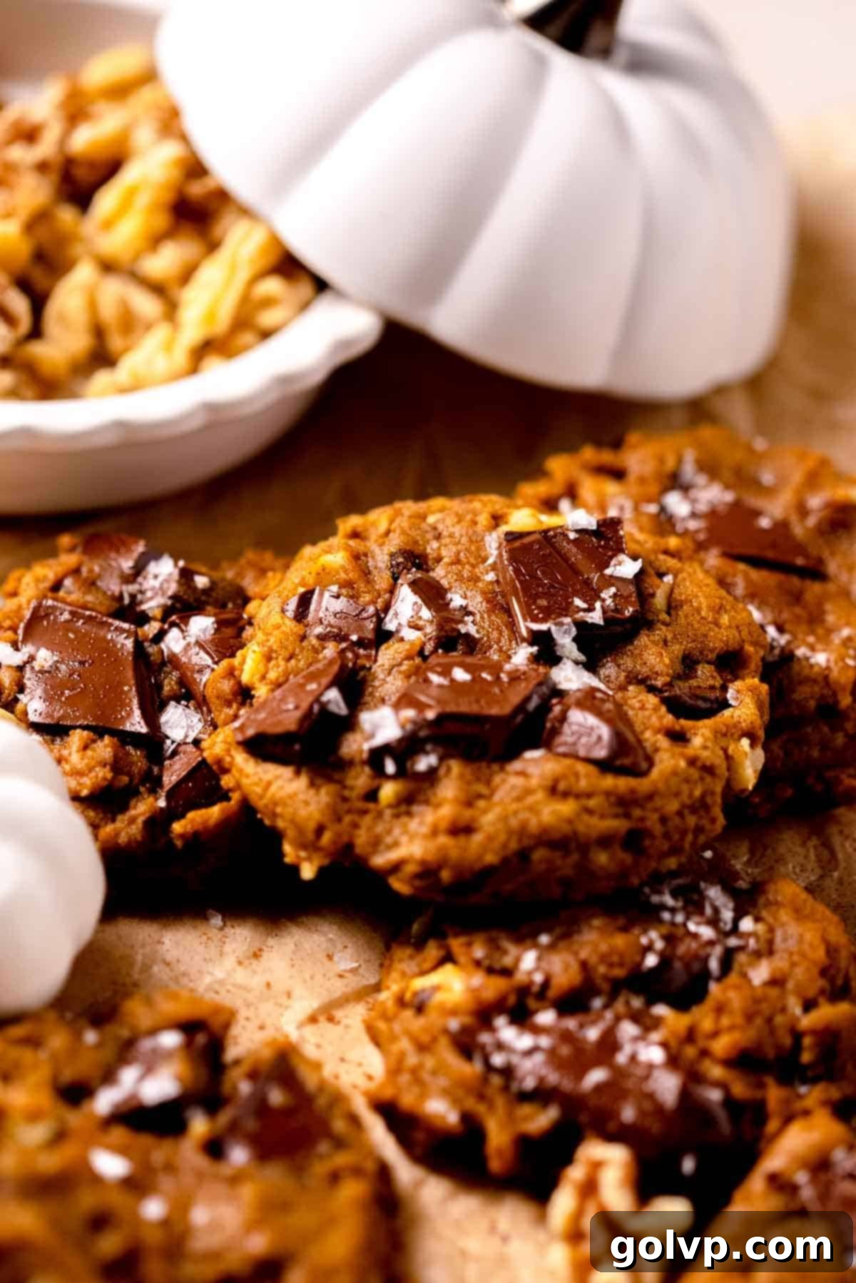 Pumpkin cookies with chocolate and flaky salt