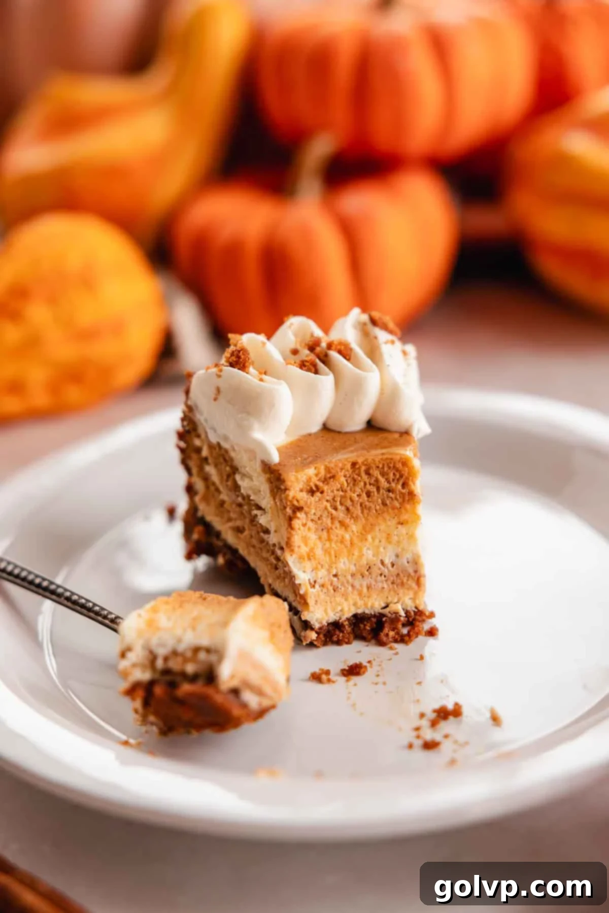 slice of pumpkin pie cheesecake on a plate