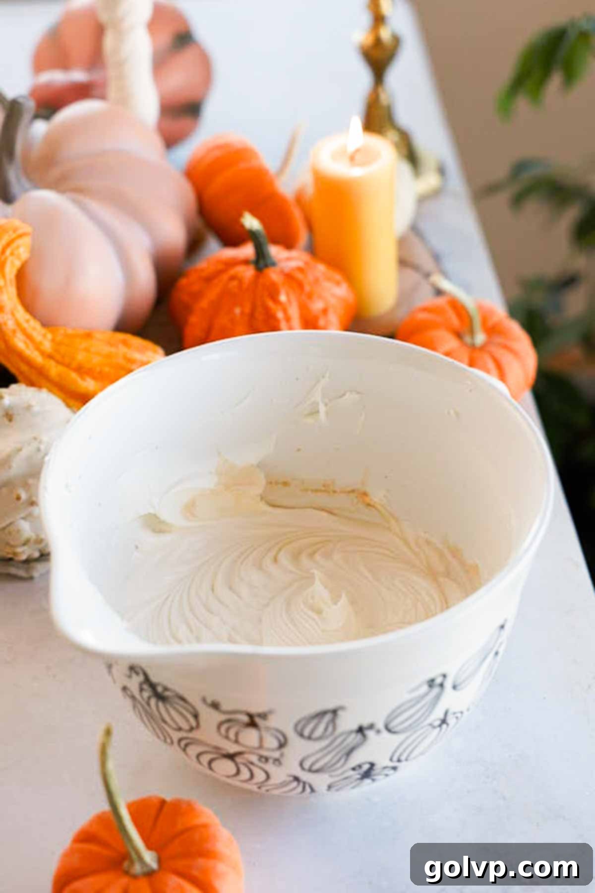 vanilla cheesecake batter in large bowl