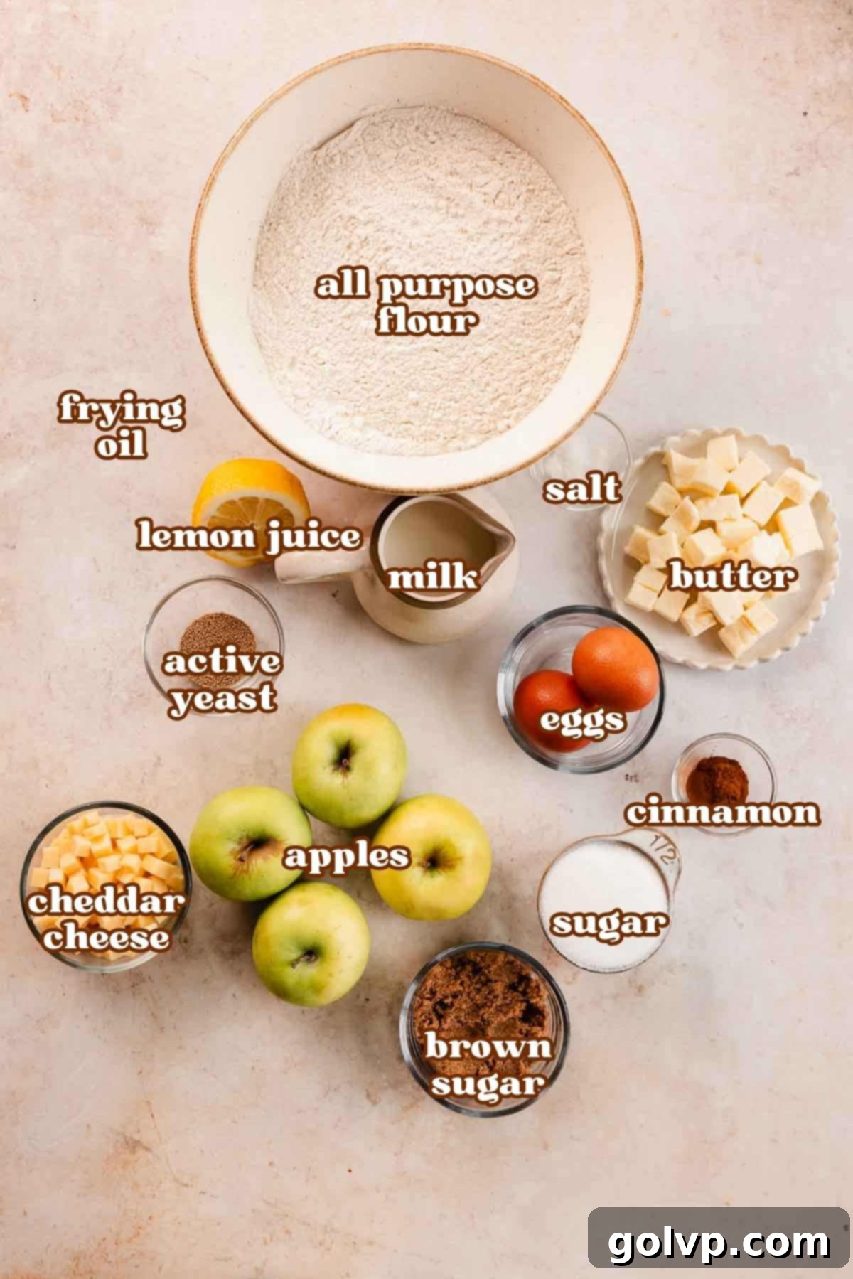 apple fritter ingredients in bowls