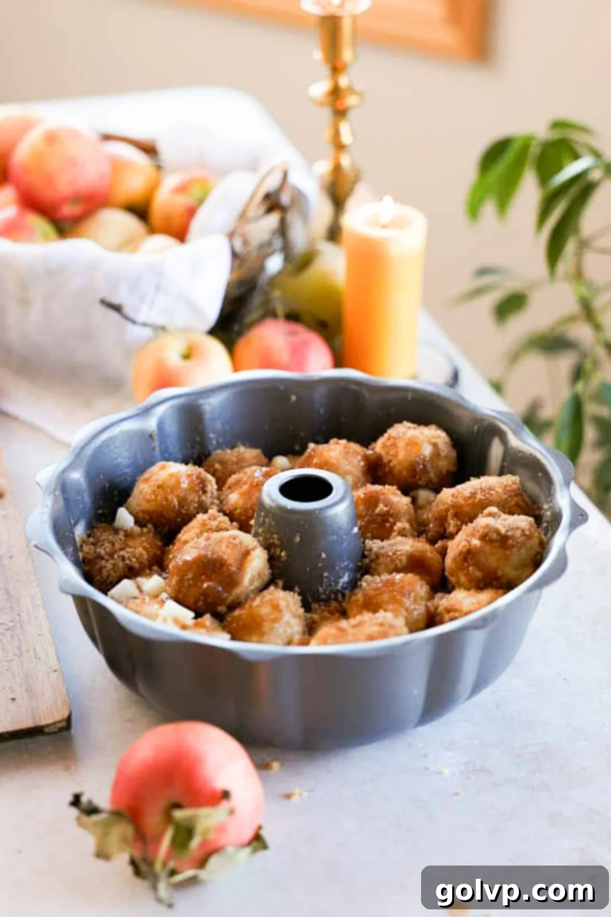 unbaked apple monkey bread dough inside bundt pan