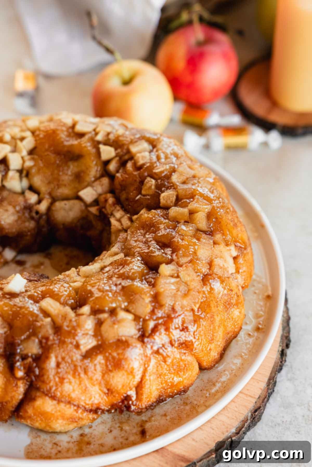gooey apple caramel monkey bread with diced apples