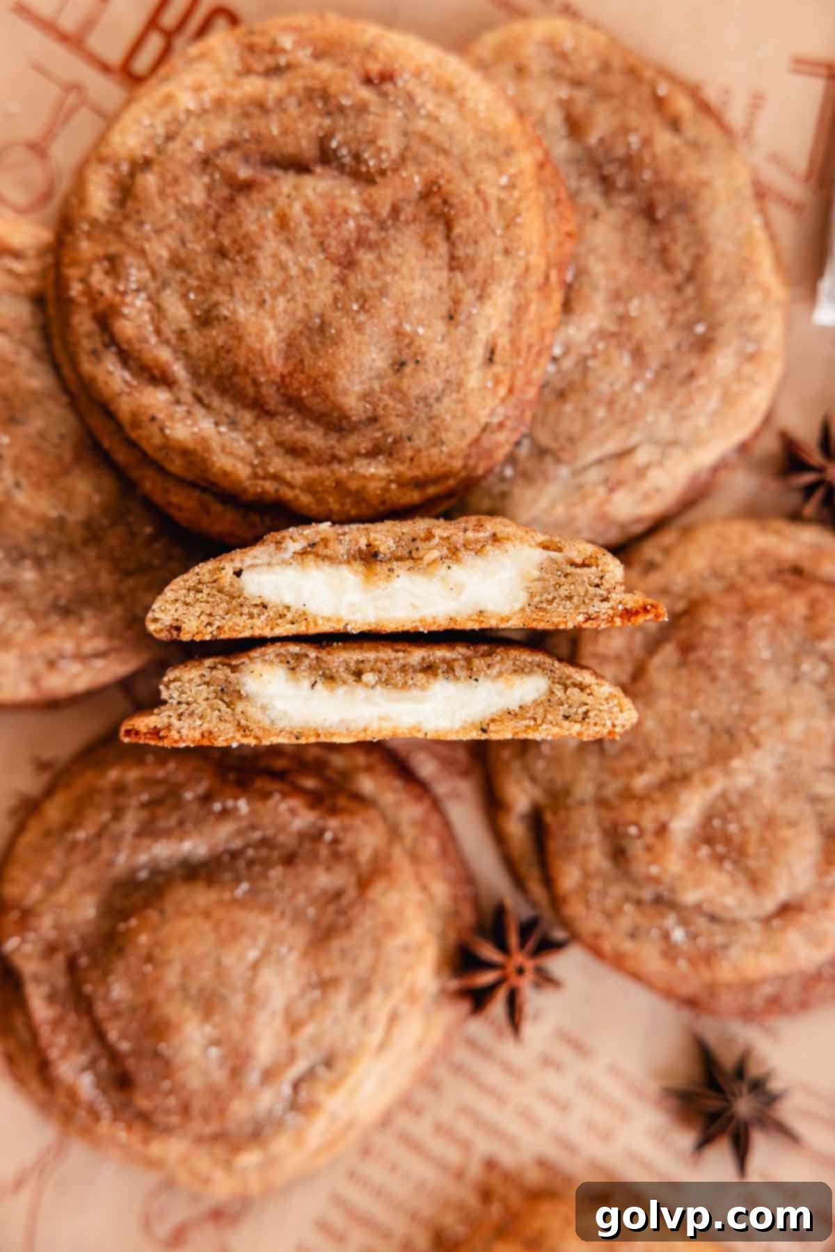chai cookie cut in half to show cheesecake center