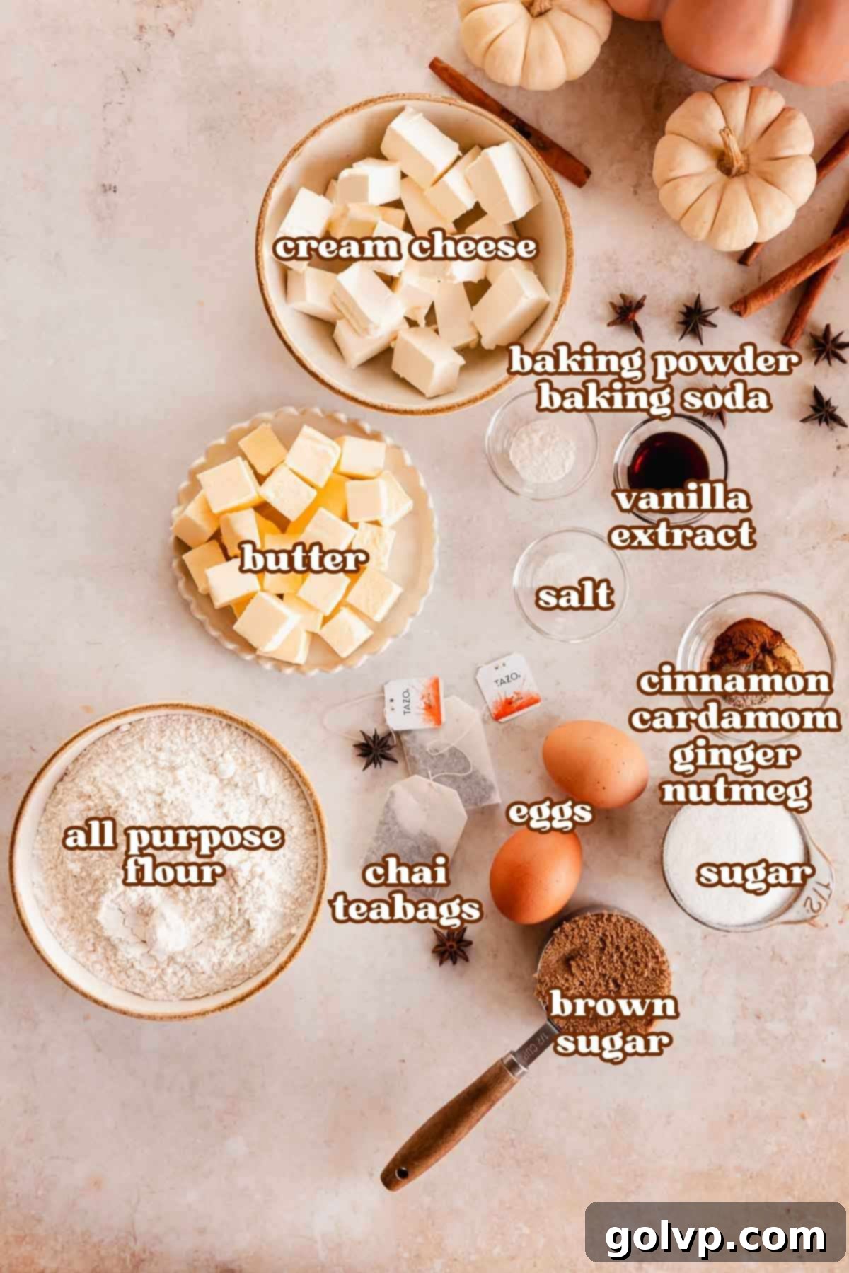 chai cookie ingredients in bowls